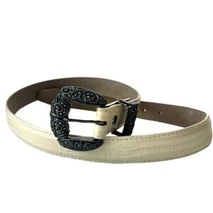 Vtg JUDITH JACK Leather Belt Sterling Buckle Womens Sz M Cream Marcasite Glam